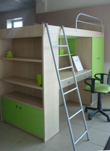 παιδικό κρεβάτι υπερυψωμένο με βιβλιοθήκη και γραφείο πράσινο